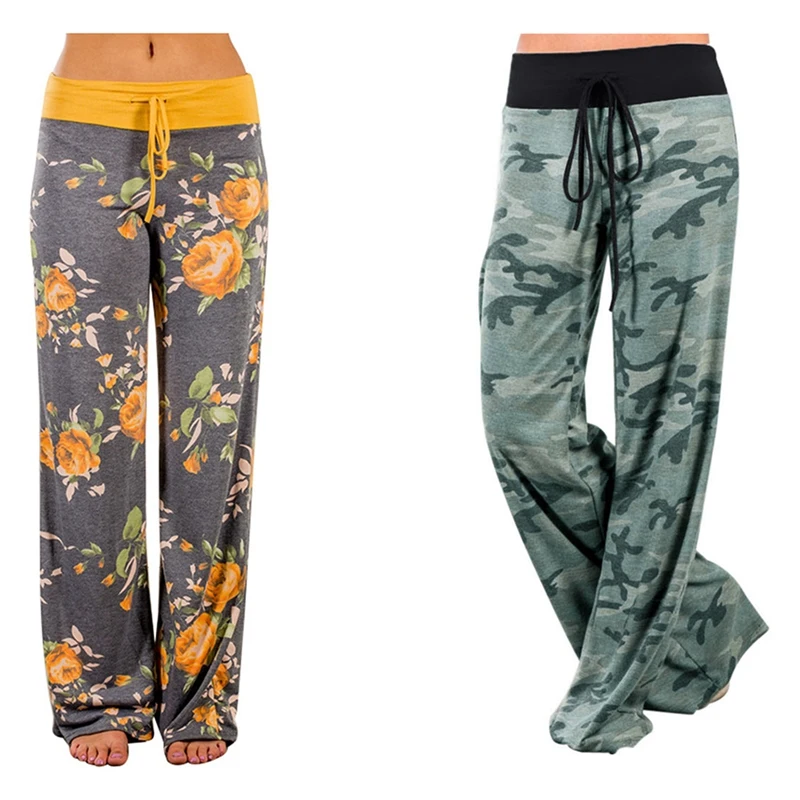 

ELOS-2X Women's Joggers Pants Yoga Pants Trousers Wide Leg Pant High Waist Sweatpants Size XL Yellow & Green Camouflage