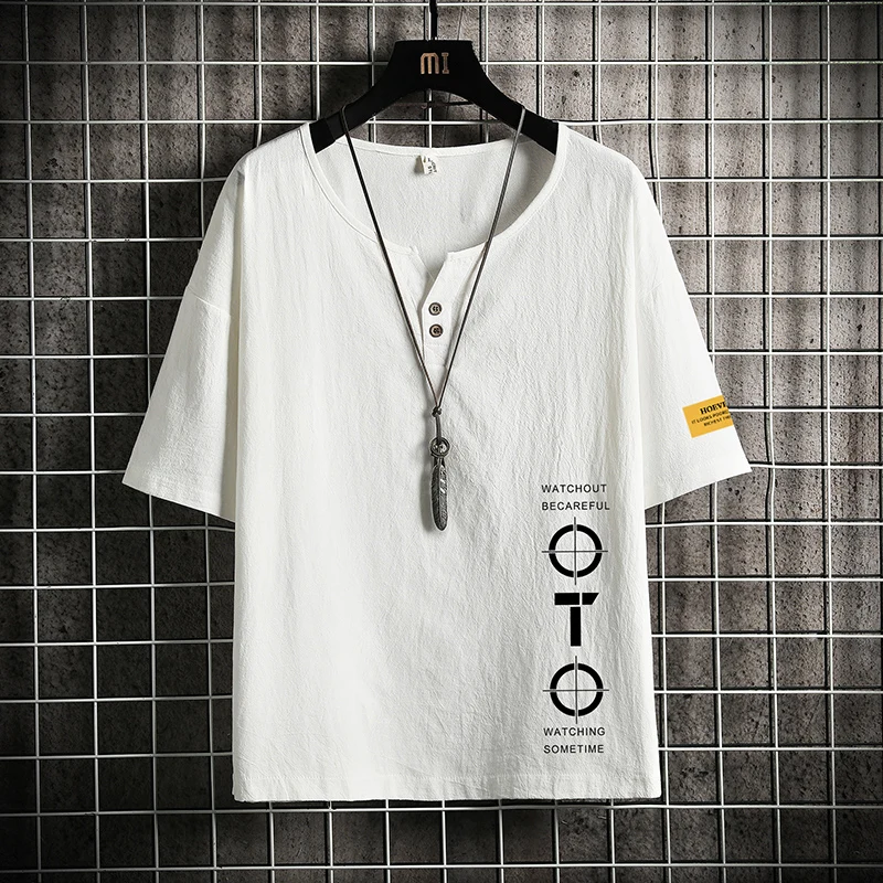 Льняная футболка с коротким рукавом для мужчин Коллекция 2022 года Летняя белого и