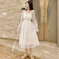 super fairy sweet 2021spring new mesh solid color waist tight slimming lace princess style dress for women lolita dress gothic