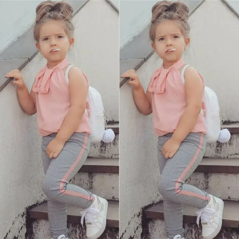 Летние комплекты одежды для маленьких девочек топ без рукавов с бантом и штаны