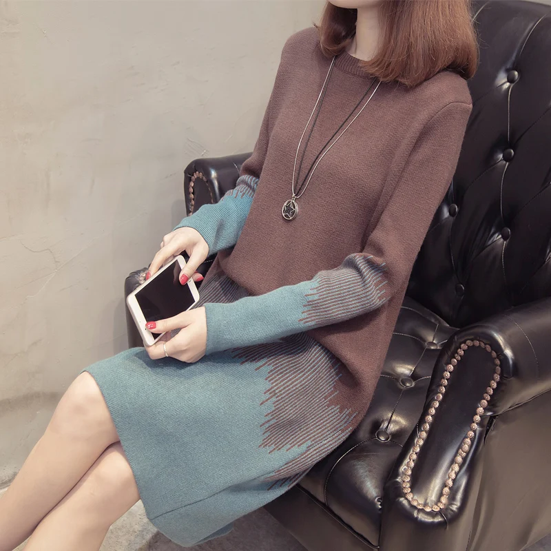 

2019 New Autumn Winter Dress Women Retro Medium long Knit Sweater Loose Large Size O- neck Dress Female Vestidos M-3XL cc1186