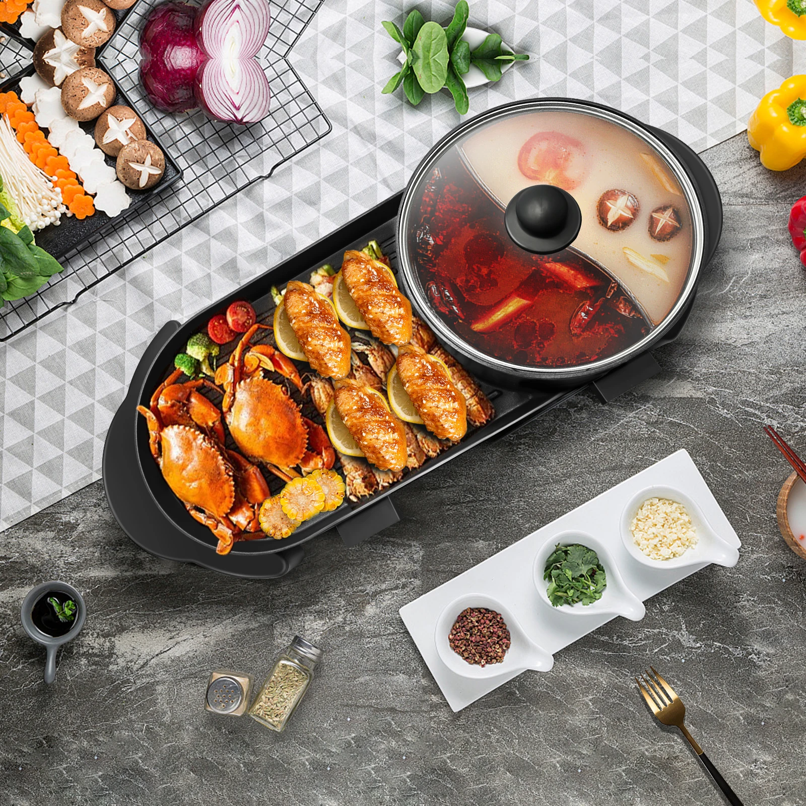 저렴한 110V 미국 휴대용 전기 바베큐 그릴 실내 냄비, 채핑 접시 가정용 다기능 비 스틱 팬 전기 쿠커