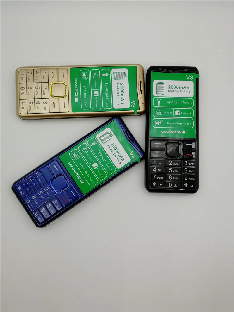 Maxfone V3 кнопочные сотовые телефоны с 1,77 дюймов 2000 мАч две sim-камеры Bluetooth Spotlight большой динамик FM дешевый мобильный телефон