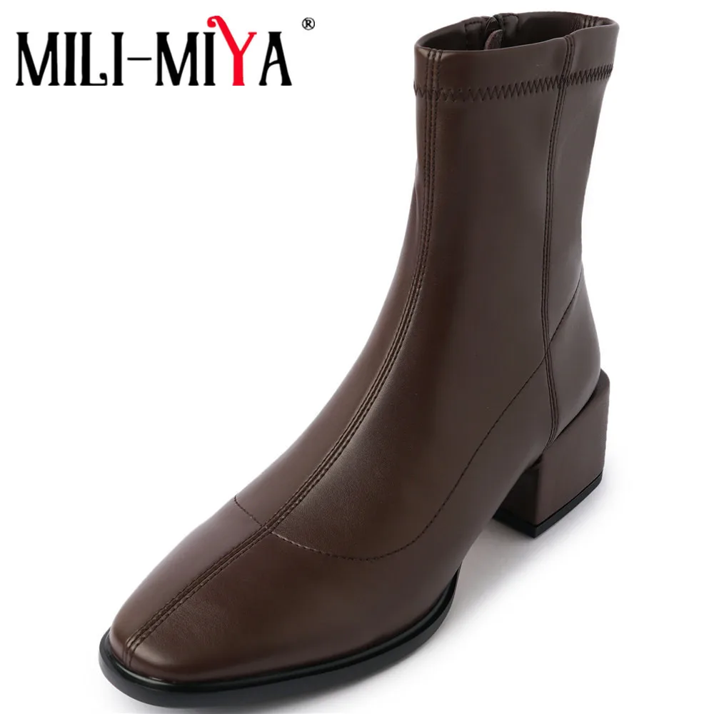 

MILI-MIYA 2021 Winter Newest Low Heels Round Toe Ankle Boots Women Zipper Genuine Leather Office Lady Basic Shoes Brown Beige