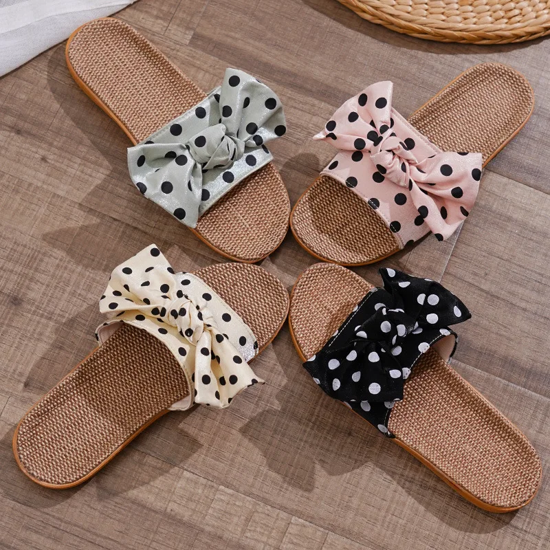 

Home Slippers Summer Bow-Knot Soft Floor Woman Indoor Flats Shoes Ladies Flat Casual Slides Beach Comfortable Flax Shoes