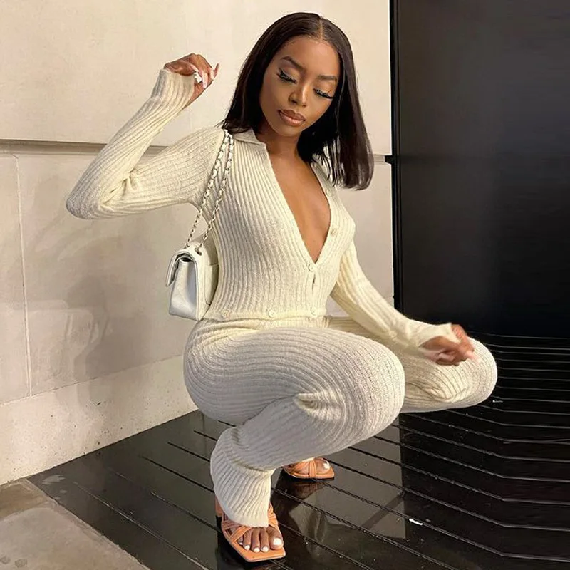 

BKLD 2021 Autumn And Winter New One Piece Outfit Women Solid Color Knitted Clothes Buttons Deep V-Neck Bodycon Jumpsuit