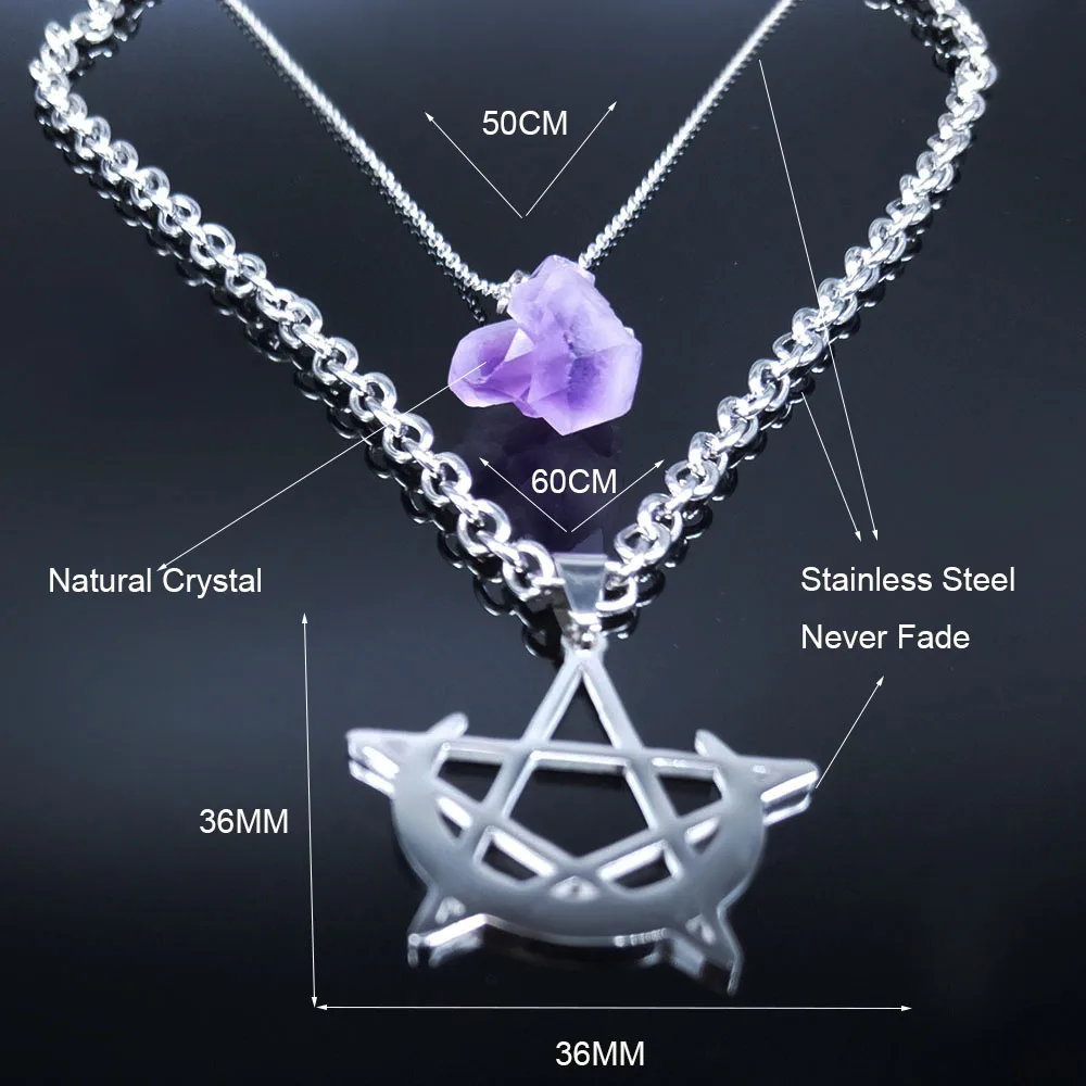 

AFAWA Purple Crystal Stainless Steel Moon Pentagram Witchcraft Necklace Silver Color Punk Necklaces Jewelry collares N4136S02