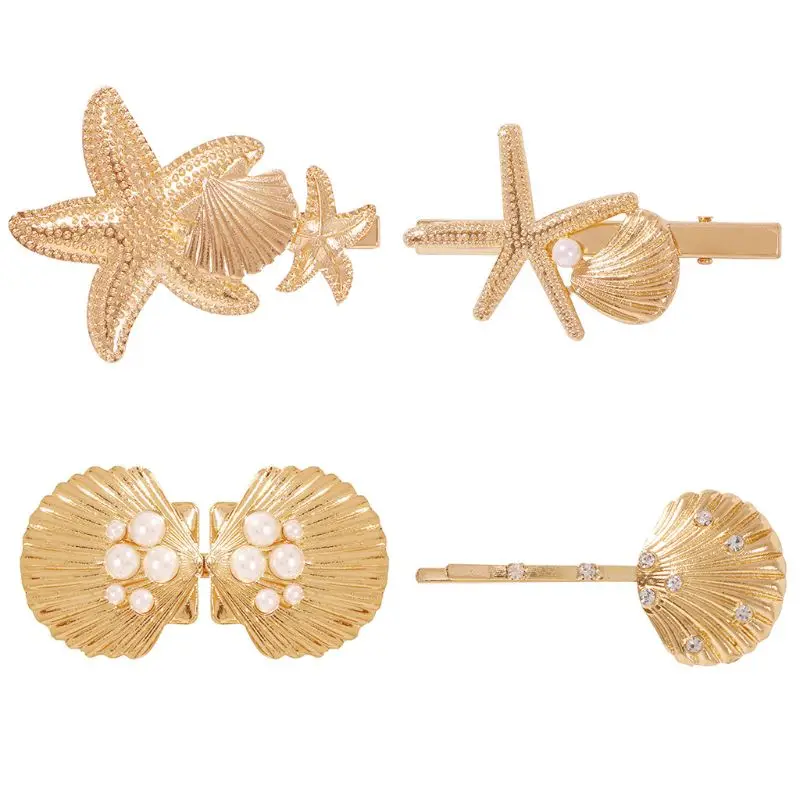 1 set Marine Style Women Metallic Gold Duckbill Hair Clip Faux Pearl Rhinestone Starfish Shell Hairpin Beach Holiday Wedding Barrette - Цвет: 1 set