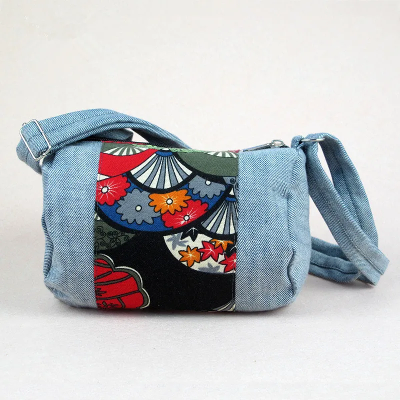 

cotton linen crossbody bag japanese style blue bag zip open flowers single shoulder women bag for travel shopping sling bag