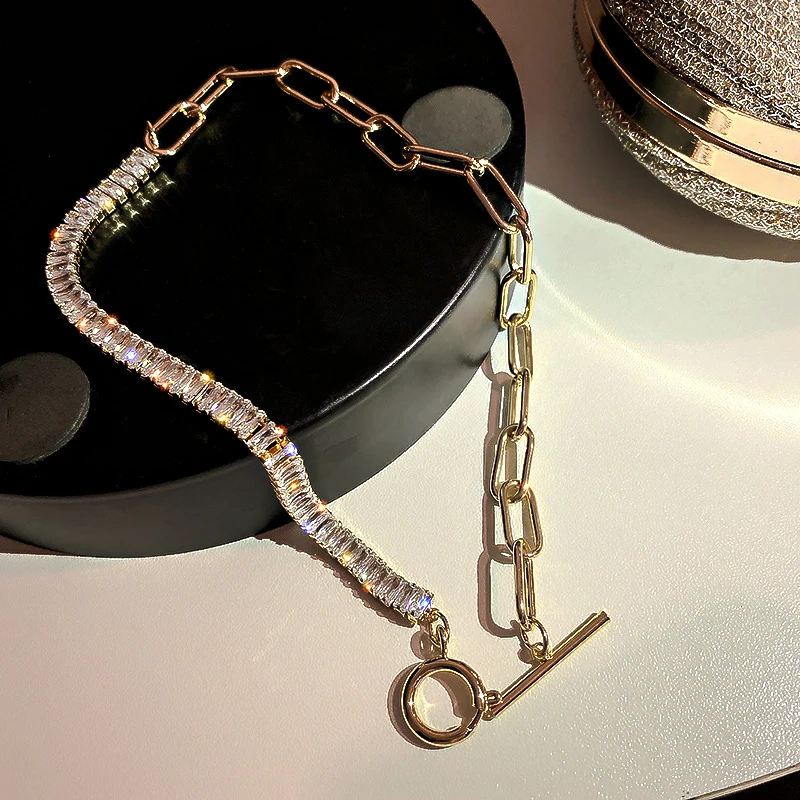 

New Fashion 14K Plated Gold Geometric Zircon Chain Pendant Necklace for Women Girl AAA Zirconia Temperament Jewelry Ins Hot Gift