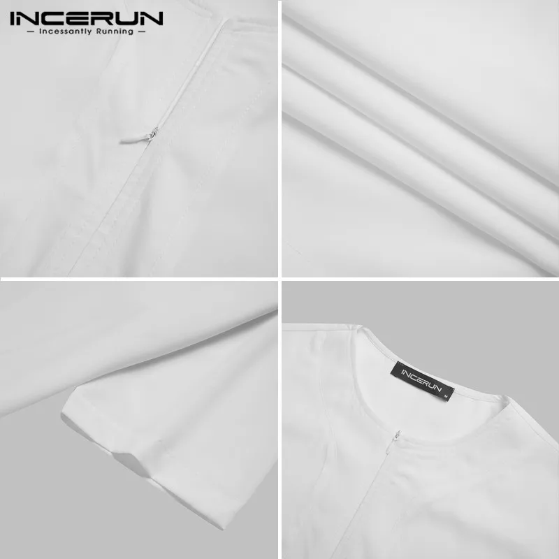 

INCERUN Muslim Men Islamic Arabic Kaftan Short Sleeve Solid 2021 Casual O Neck Zipper Robes Middle East Men Clothing Jubba Thobe
