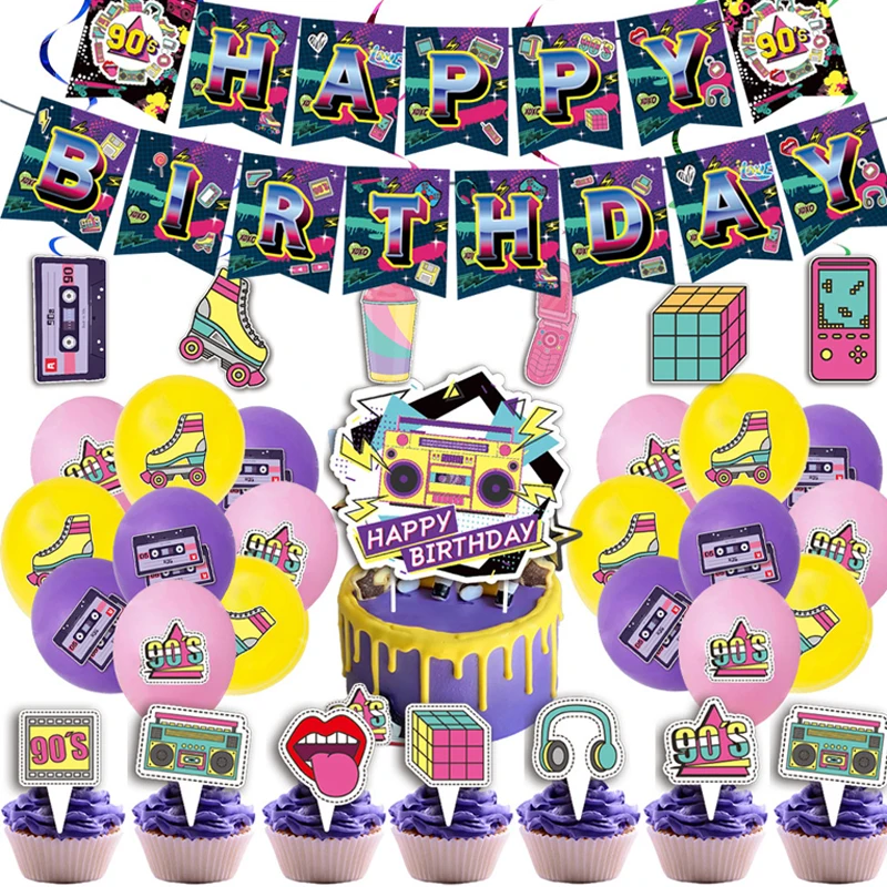 

90s Theme Children's Birthday Party Decoration Layout Back To The 90s Flag Pulling Balloon Cake Card Inserting Set Party Supplie