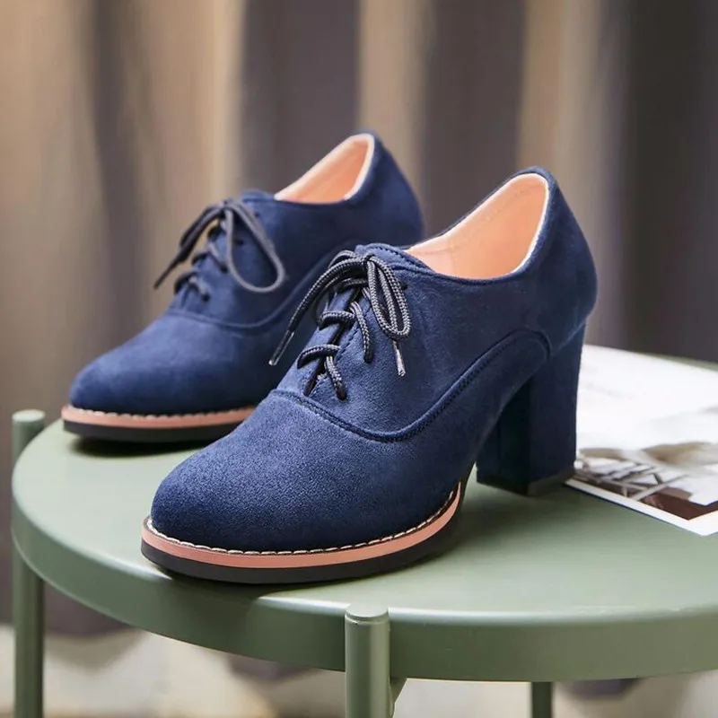 Womens Ankle Boots Flock High Heels Lace Up Chunky Heels Shoes Casuales Comfortable Shoes Woman Boots Fashion Shoes for Ladies