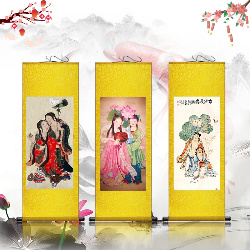 

He he fairy portrait, silk scroll painting, auspicious decorative hanging painting, Taoist immortals, murals in the living room