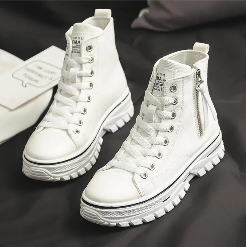 

Woman High Top Platform Canvas Sneakers Black White 2021 Spring Autumn Espadrilles Casual Comfortable Fashion Lace-up Shoes