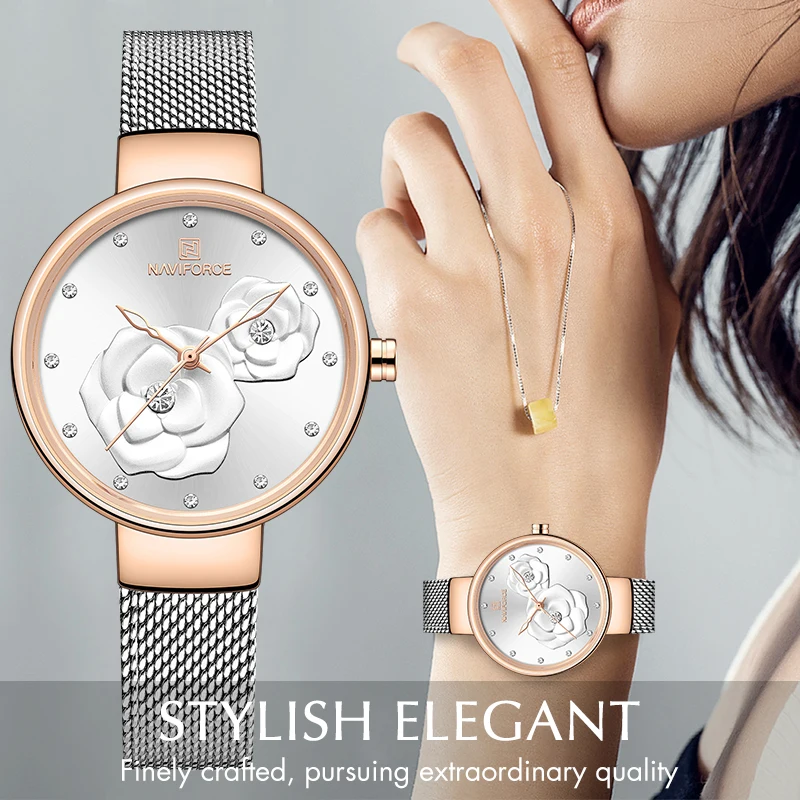

Часы наручные NAVIFORCE женские кварцевые, роскошные брендовые водонепроницаемые, с сетчатым браслетом из стали, с цветком, для очаровательных ...