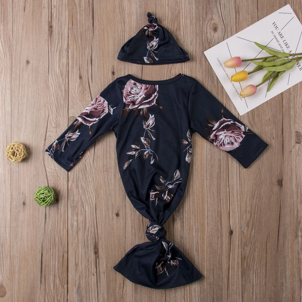 Infant Baby Girls Boys Long Sleeve Flower Gown Blanket Sleep Bag Sleepwear+Hat Sets Newborn New Floral Sleeping Clothes