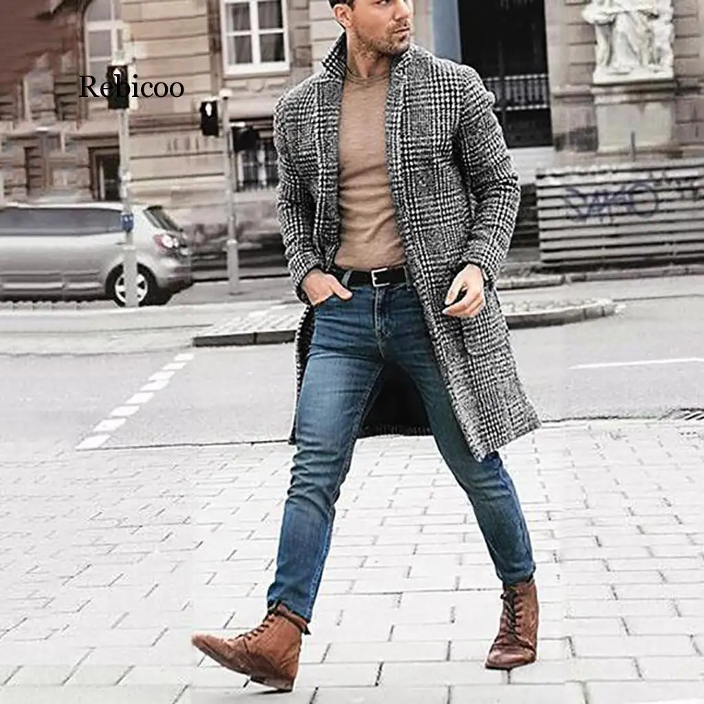 

Korean men's casual winter fashion warm long-sleeved houndstooth gentleman pockets cotton long coat jacket