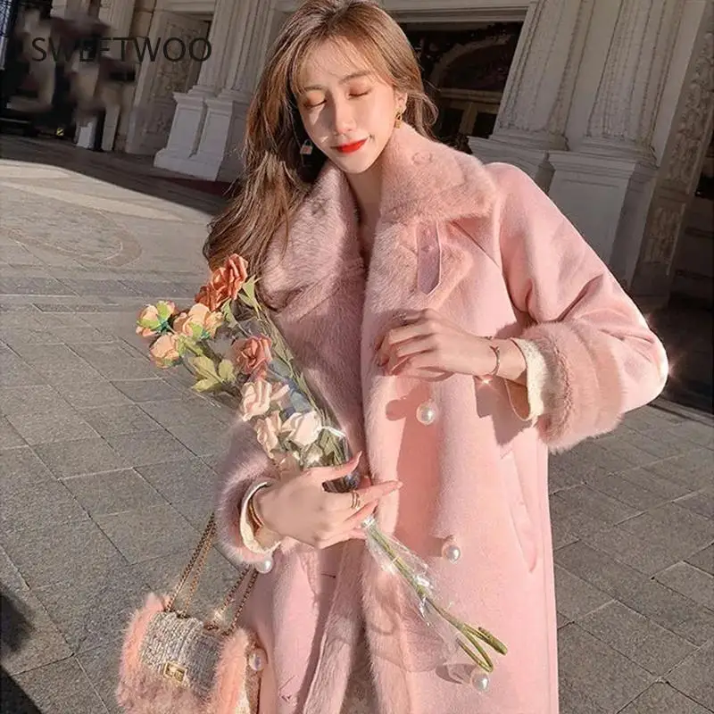 2021 Women Winter Thick Warm Elegant Pink Faux Fur Coats Female Turn Down Collar Fariy Wool Coats Lady Botton Outerwear