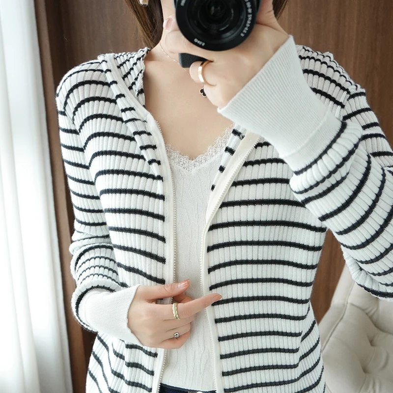 

Lafarvie Spring Autumn Cotton Cardigan Sweater Women Tops For 2021 Casual Slim Striped Zipper Hooded Long Sleeve Knit Clothing