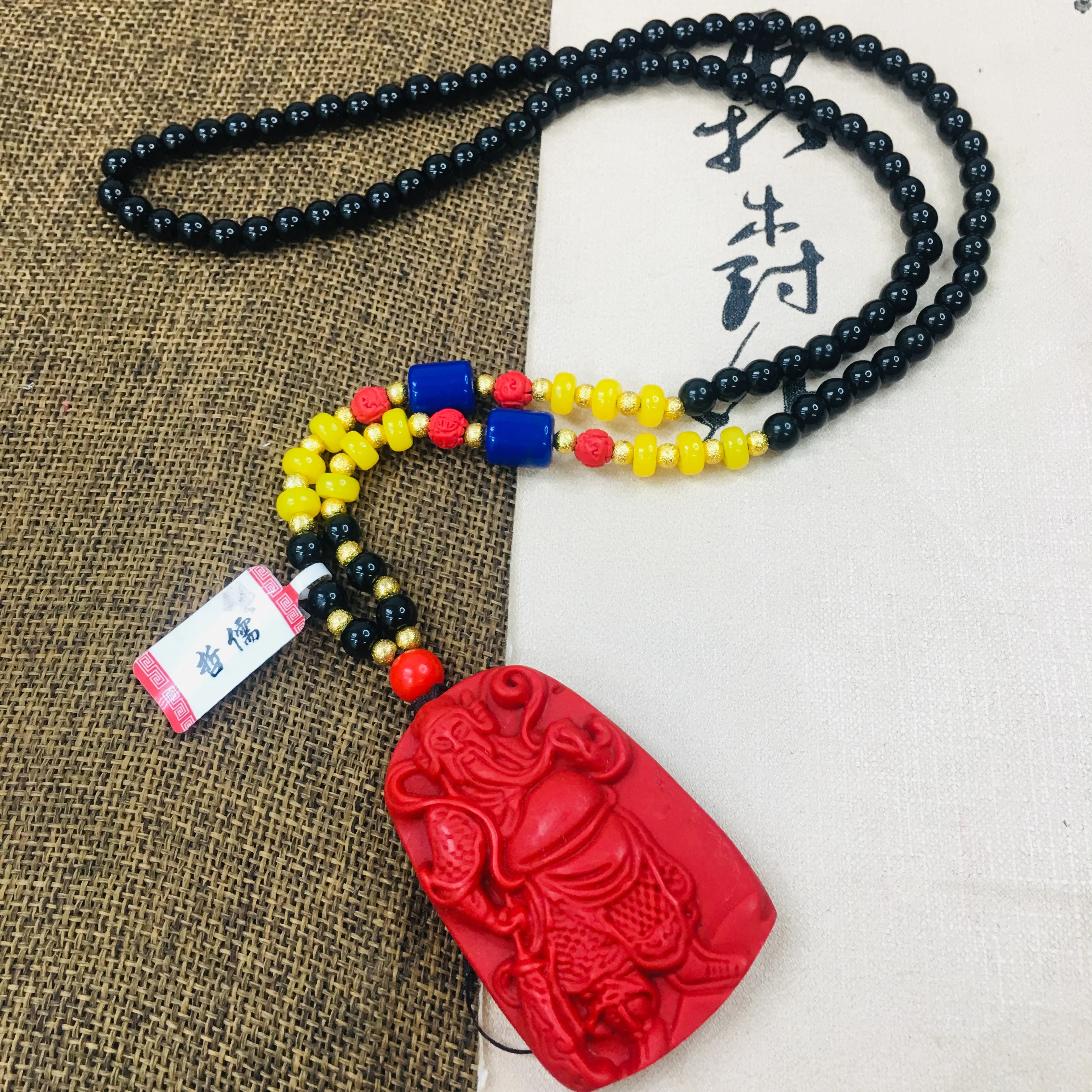 

Резная красная подвеска Zheru верности Гуань Гонг с бусинами cinnabar, ожерелье для мужчин и женщин, цепочка на свитер