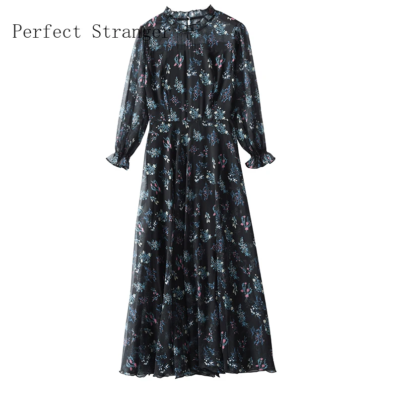 

2020 Summer New Arrival High Quality Elegant V Collar Long Sleeve Printed Women Chiffon Long Dress