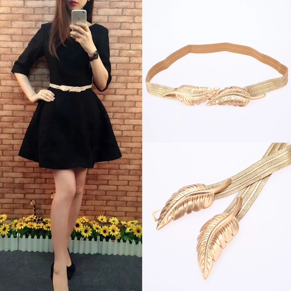 

Women Vintage Belt Leaves Clasp Stretch Skinny Elastic Belt Metal Waist Strap Gold Ceinture Femme Woman Waist Belts for Dress