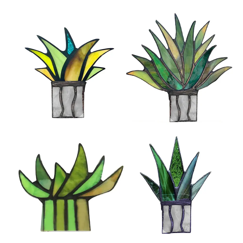 

2PCS Mini Artificial Agave Stained Glass Aloe Potted Plant Garden Suncatcher Decoration Colorful Fake Grass Tequila Aloe Leaves