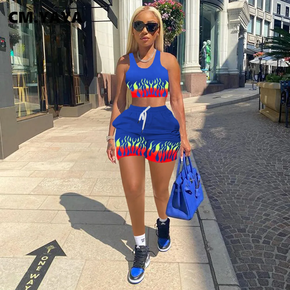 CM.YAYA Women Set Print O-neck Crop Tanks Tops Pockets Shorts Two 2 Piece Sets Active Tracksuit Casual Outfits Summer Sporty |