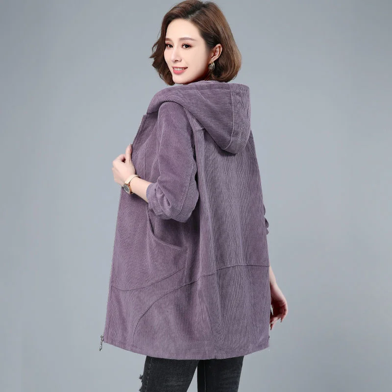 

Women Corduroy Coat 2021 New Spring Autumn Long Jacket Plus Size 5XL Middle Aged Mother Hooded Windbreaker Coat H186
