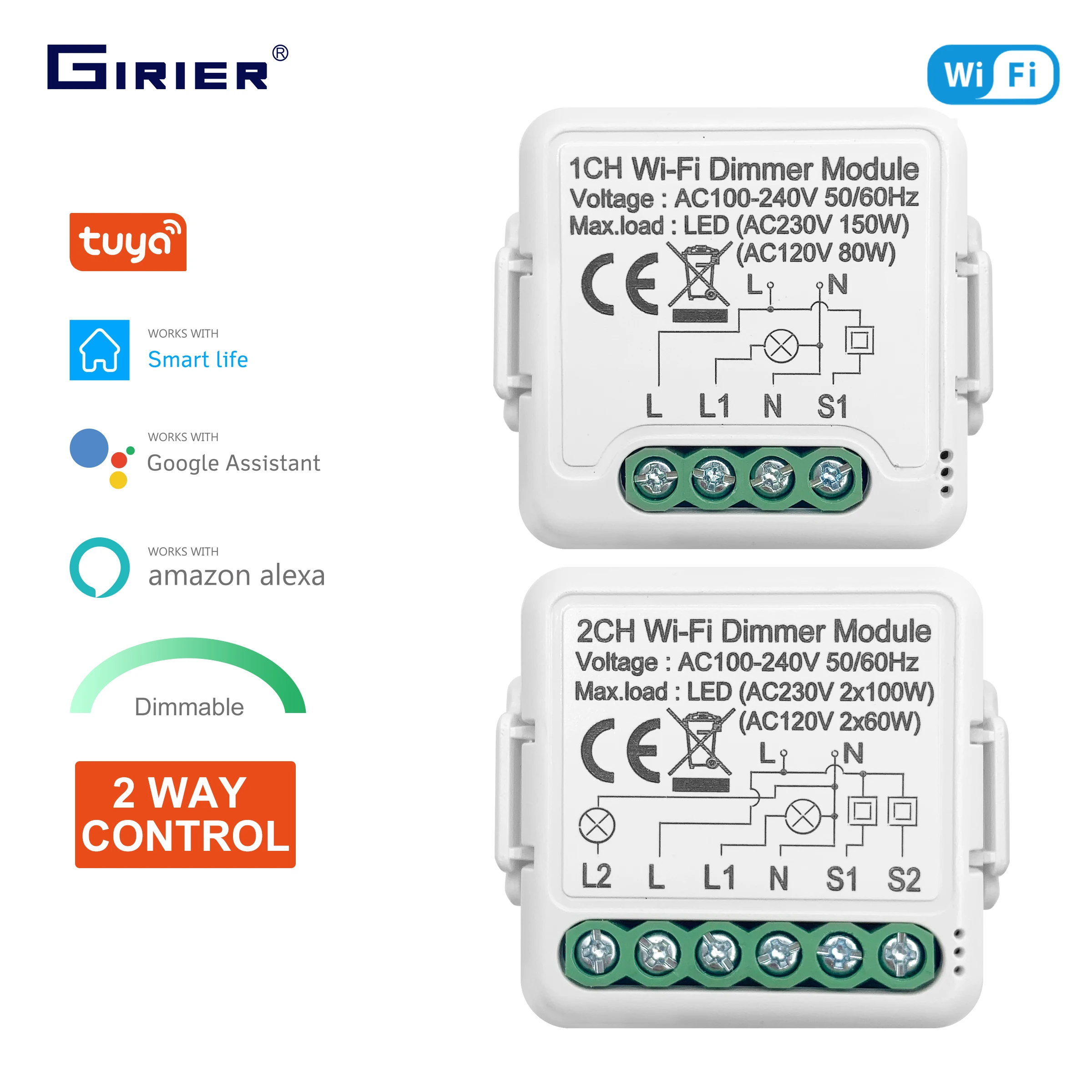 GIRIER Tuya Wifi Smart Dimmer Switch Module 10A Support 2 Way Control 1 2 Gang Compatible with Alexa Google Home Smart Life App