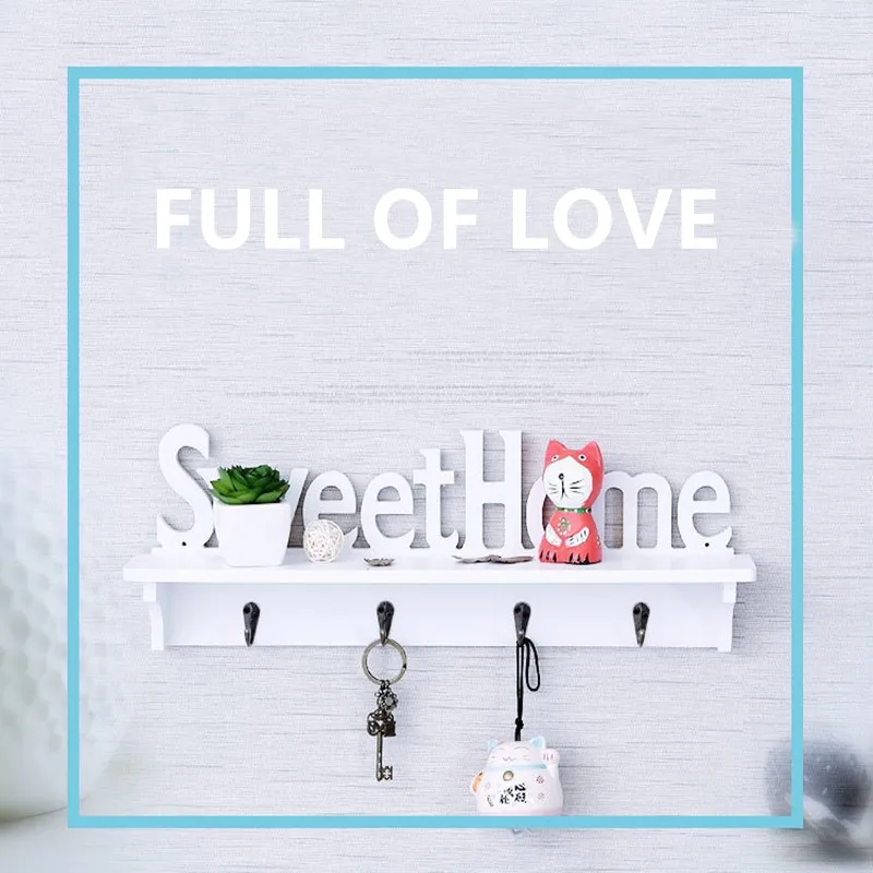 

1Pc 4 Hooks Shelves Hat Key Holders Sweet Home Words Storage Shelf Hanging Hooks Wall Mounted Rack Home Storage Holder
