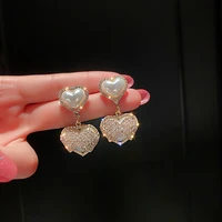 luxury graceful female jewelry temperament simple cubic zirconia double pearl heart drop earrings for women girl accessories