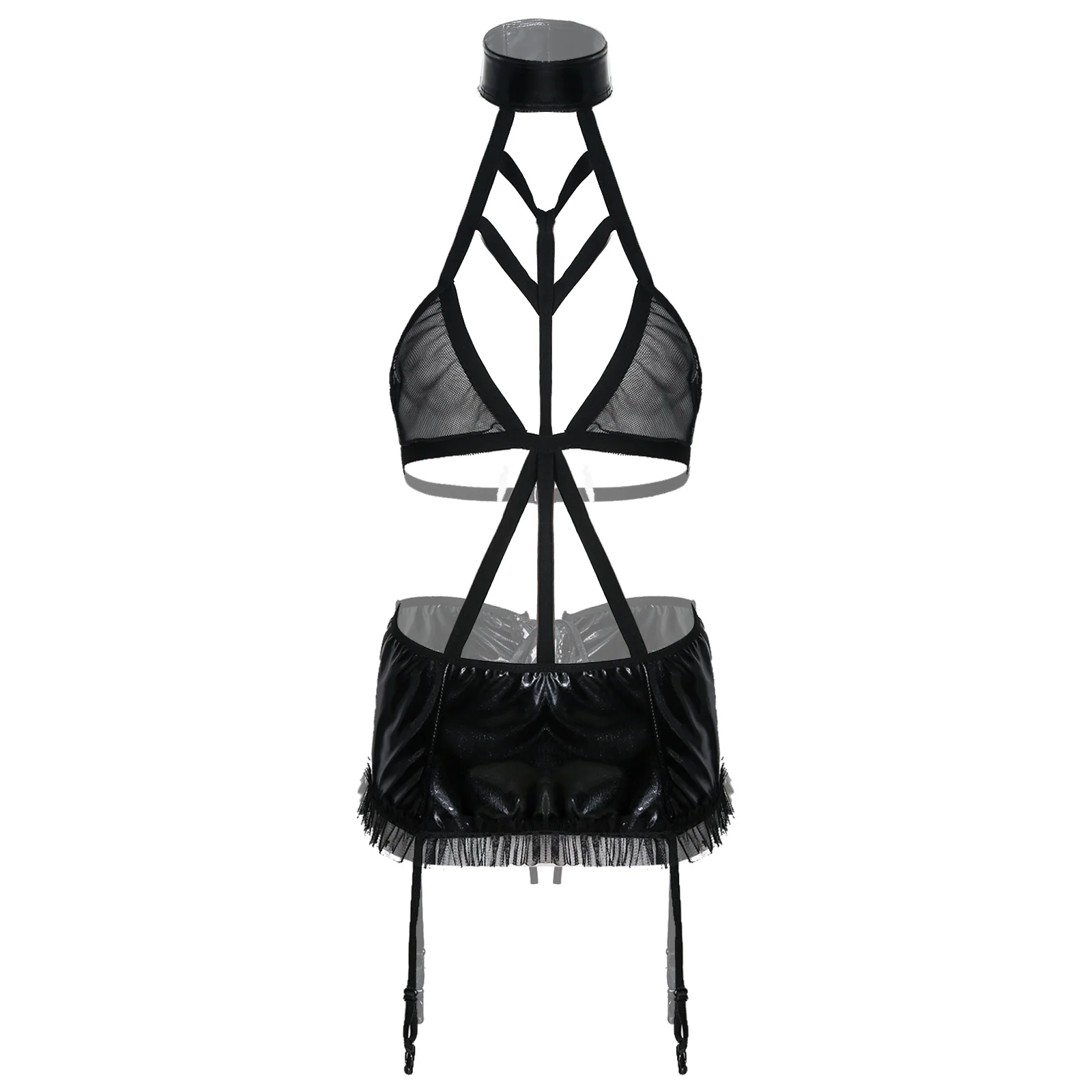 Женский костюм горничной для косплея юбка с лямкой на шее прозрачный сетчатый