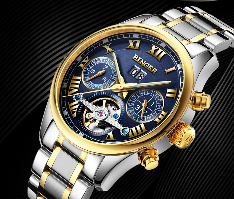 Швейцарские Бингер мужские часы люксовый бренд Tourbillon сапфир светящиеся несколько функций механические наручные часы B8602-7