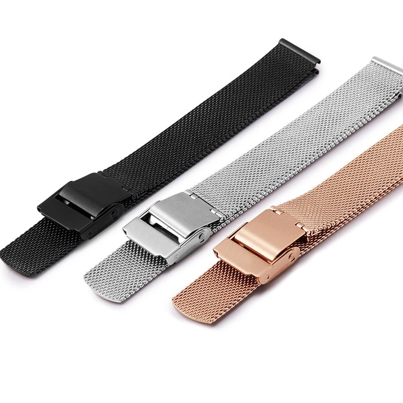 

Ремешок для часов из нержавеющей стали, сетчатый ремешок, металлический ультратонкий универсальный браслет 10 мм 12 мм 18 мм 20 мм, черный, розов...