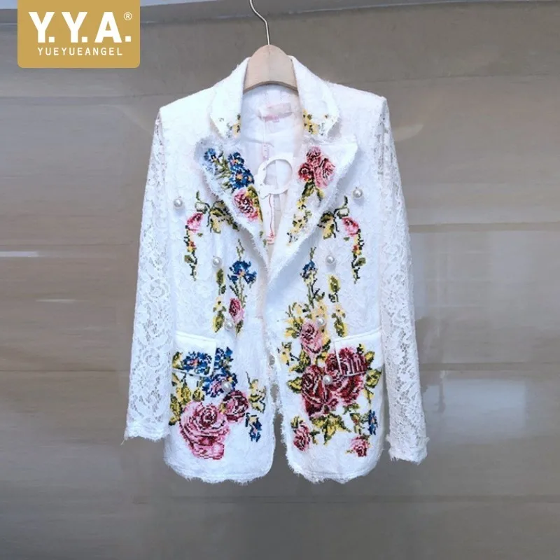 Женский двубортный блейзер с цветочной вышивкой элегантный облегающий пиджак