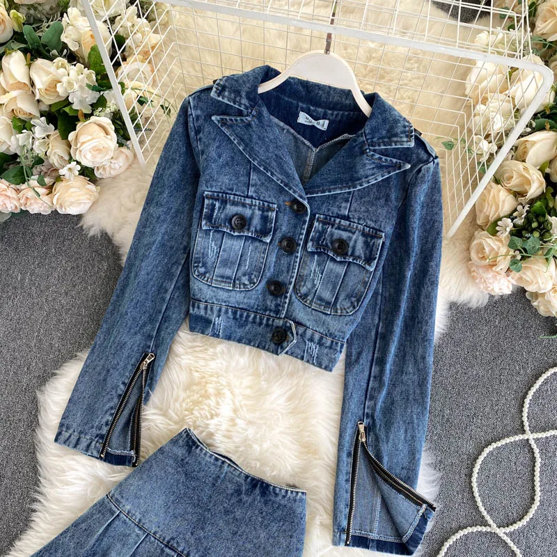 Женский джинсовый костюм ALPHALMODA с отложным воротником и длинными рукавами