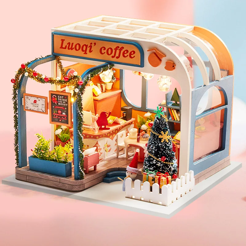 Кукольный дом Кофейня миниатюрный кукольный домик Модель игрушки деревянный дом мебель сборные наборы паззлы игрушки для детей Рождественский подарок - Цвет: K-046 no dust cover