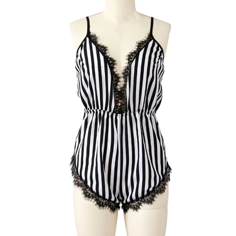 Sexy Women Lace Underwear Cross Back Backless Bodysuit Fashion Female Striped Sleepshirt Sleep Bodysuits |