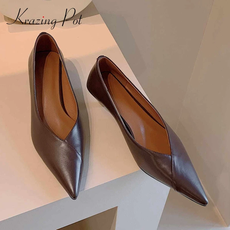 

Krazing pot new concise style full grain leather catwalk modern pointed toe thin med heel slip on elegant dating women pumps L36
