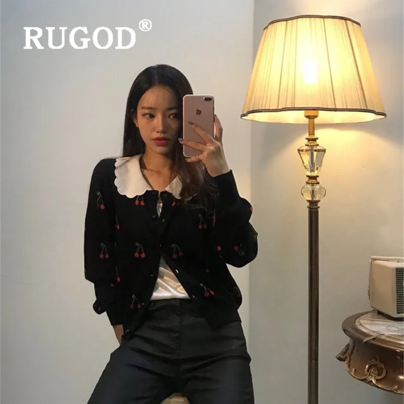 RUGOD Autumn Winter New Style Chic Cherry Pattern Doll Collar Cardigan Vintage Kawaii Knitted Sweater Cute Fashion 2019 |