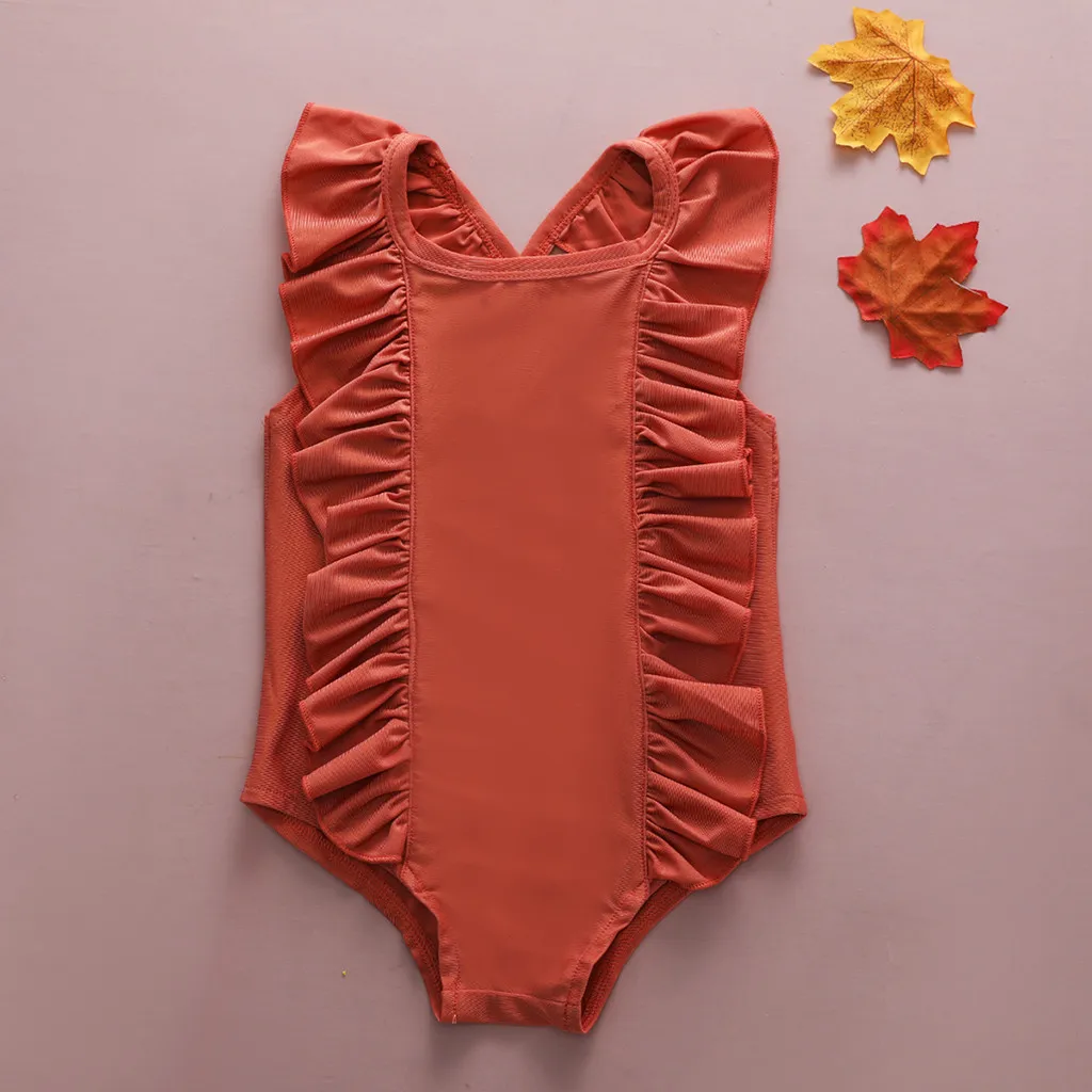 Цельный купальник без рукавов с оборками для маленьких девочек Пляжная одежда