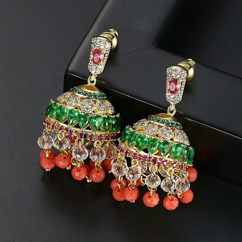 Индийские Jhumka этнические бусины кисточки висячие серьги женские Стразы Золотые