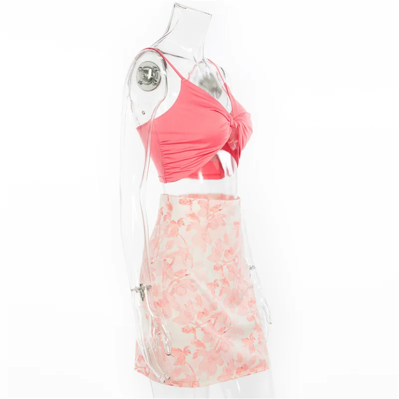 

Europe and The United States Sexy Suspender Tank Top Temperament Slim Fit Bag Hip Floral Skirt Two-piece Fashion Women's Suit
