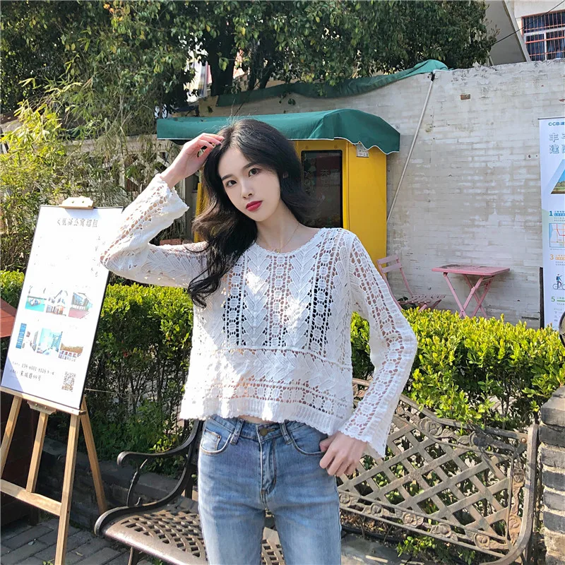 

Women Shirts 2020 Summer Korean Style Vintage Hollow Out Hearts Crochet Lace Top Long Sleeve White Blouse blusa feminina T445