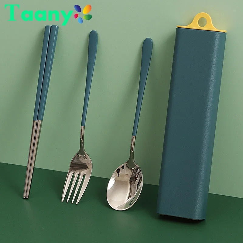 

Stainless Steel Dinnerware Set Travel Camping Cutlery Set Reusable Metal Spoon Fork Chopsticks Portable Plastic Box Tableware