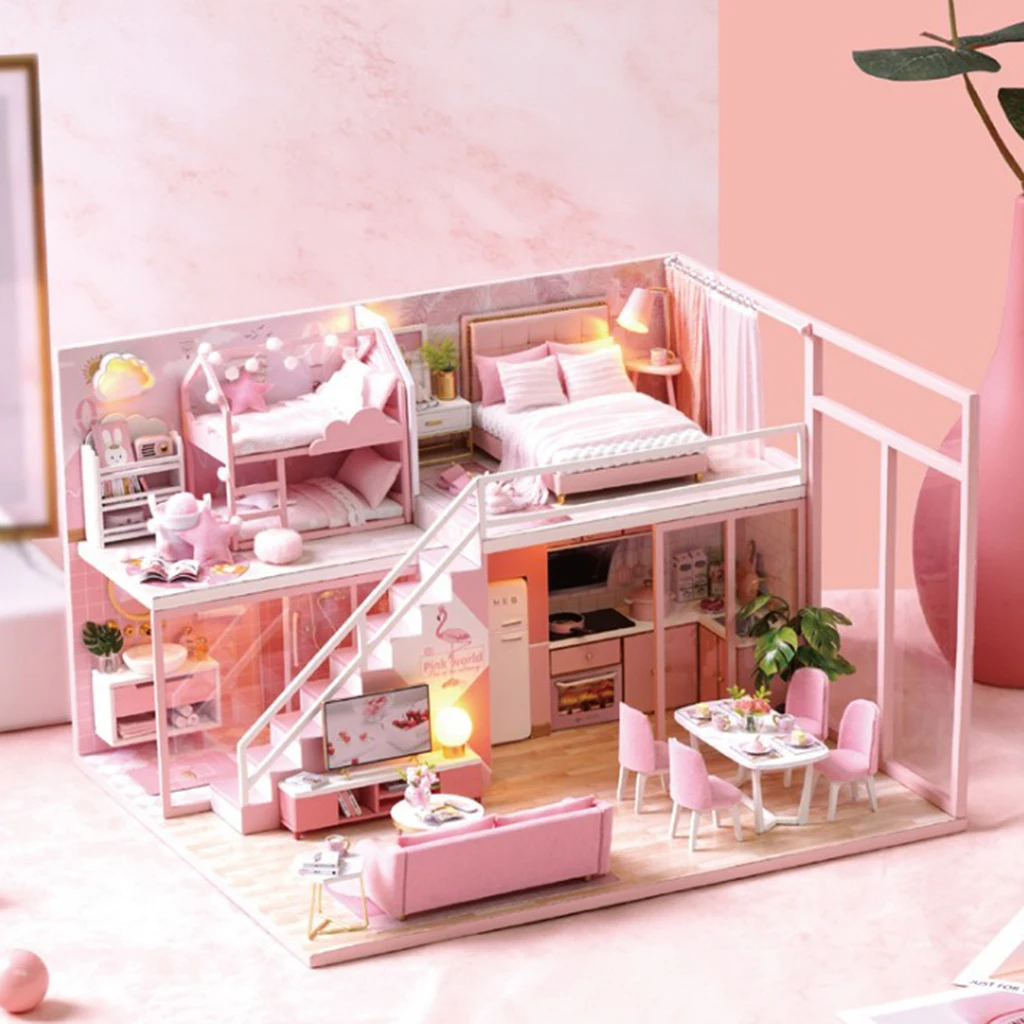 

1/24 Wooden DIY Dollhouse Kit Simple The Bedroom Pink w/ LED Light Hand Toys