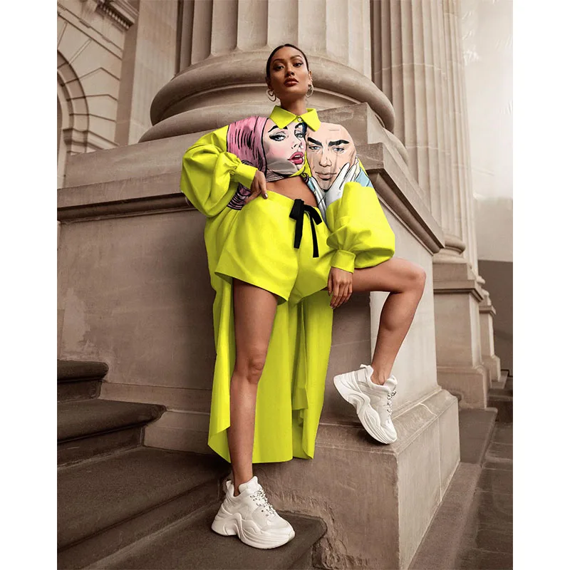 

Женский комплект из двух предметов, длинная рубашка и шорты с принтом, осень 2021