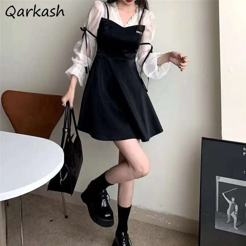 

Long Sleeve Dress Women Summer Patchwork Design V-neck Mini Korean Style Sweet College Ladies Leisure Retro Tender Cute Soft Ins